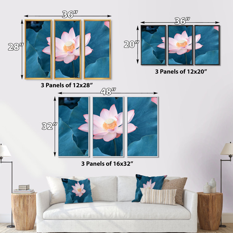 Winston Porter Blooming Pink Lotus Flower Framed On Canvas 3 Pieces